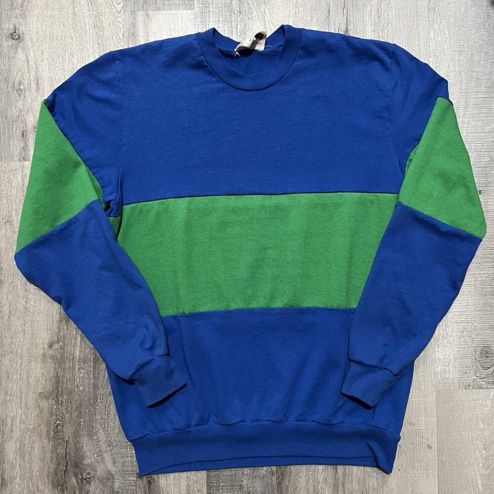 VTG Nutmeg Mills Blank Two Tone Stripe Blue/Green 1980s Lightweight Sweatshirt S